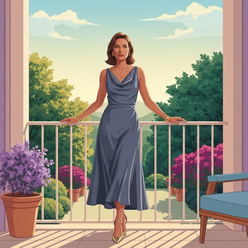 A woman wearing a sophisticated gray dress for wedding guest attire with gold accessories in a garden setting.