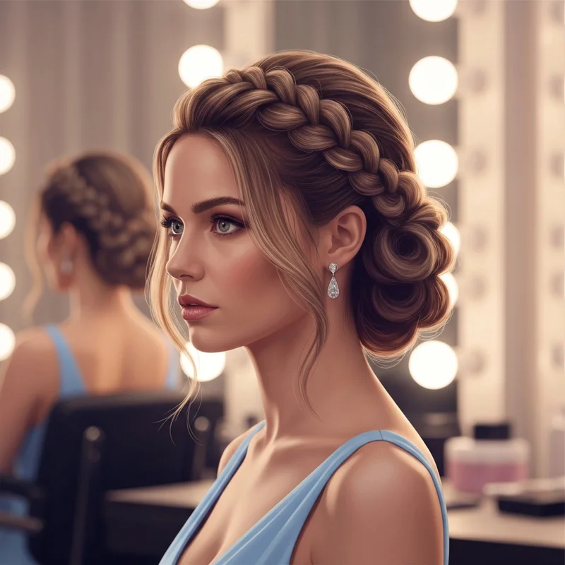 A close-up of a perfectly styled braid updo on a young woman for a formal event.