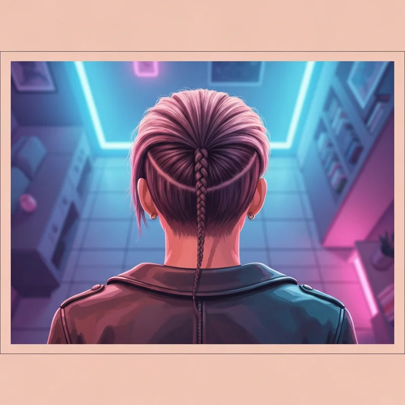 A close-up of a modern rat tail braid styled with an edgy aesthetic.