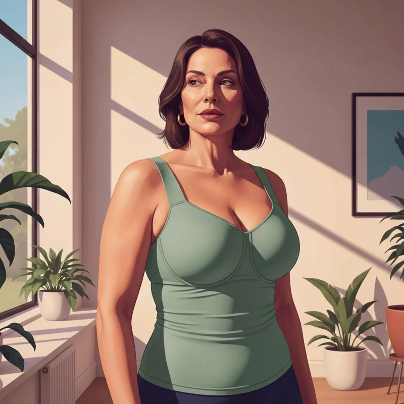 A woman wearing a supportive tank top with built-in bra for large breasts in a sunlit room.