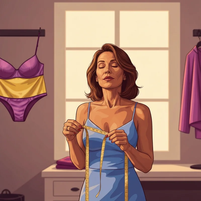 A woman using a professional bra size estimator method with a measuring tape in a sunlit room.