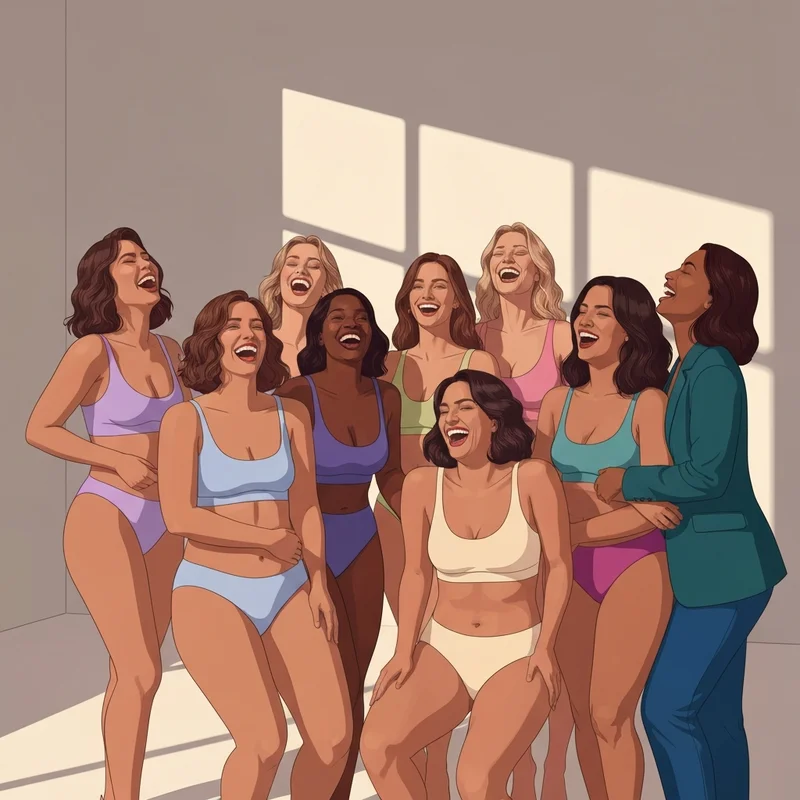 A group of diverse women representing the reality of the average us bra size laughing together.