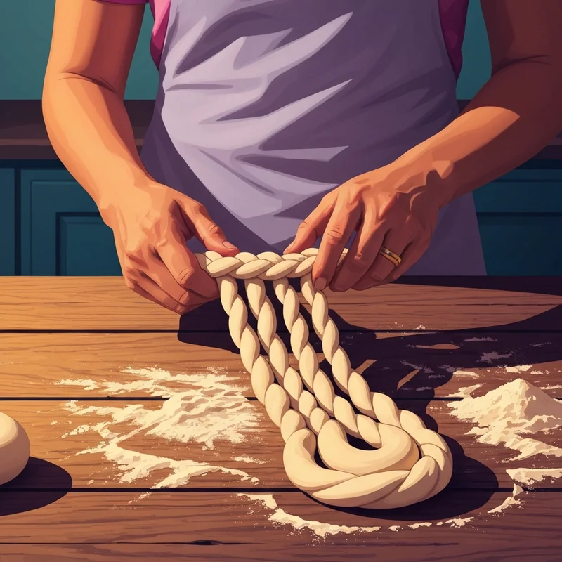 A close-up of hands learning how to braid six strands of dough on a wooden kitchen counter.