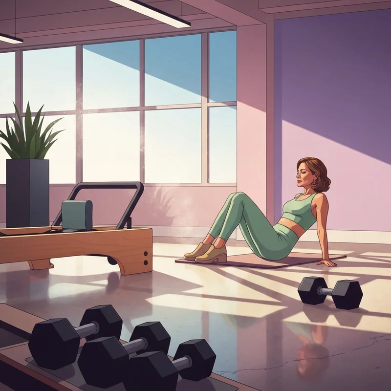 A woman practicing a pilates strength hybrid routine in a sunlit boutique studio with a reformer and weights.