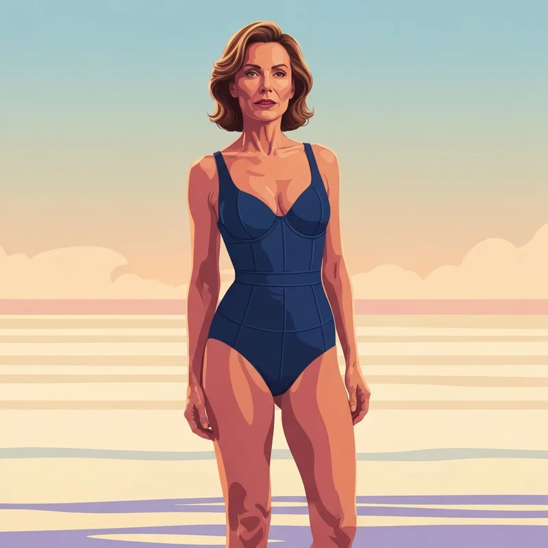 A woman experiencing weightless confidence in perfectly fitted bra size swimwear on a beach.