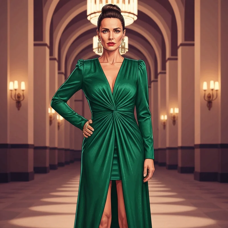 Woman in an emerald green long sleeve formal wedding guest dress standing in a grand ballroom.