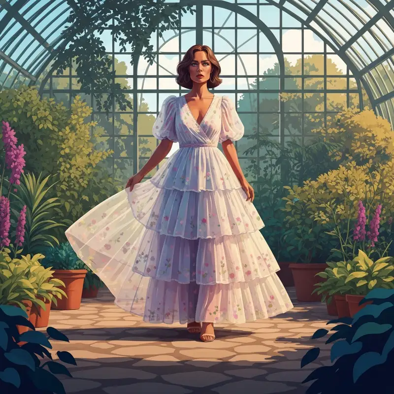 A woman modeling a stunning maxi flowy wedding guest dress in a garden setting.