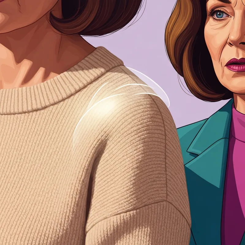 A woman experiencing relief from shoulder digging by using discreet bra strap cushions under her professional clothing.