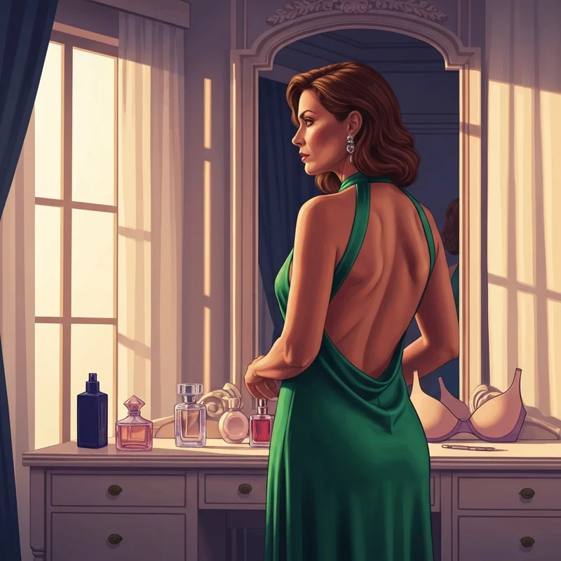 A confident woman wearing a backless halter bra under an emerald silk dress, looking in a luxury mirror.