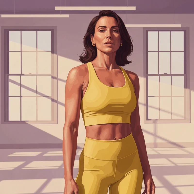 A woman wearing a vibrant yellow bra and matching activewear in a sunny gym setting, radiating confidence and main character energy.