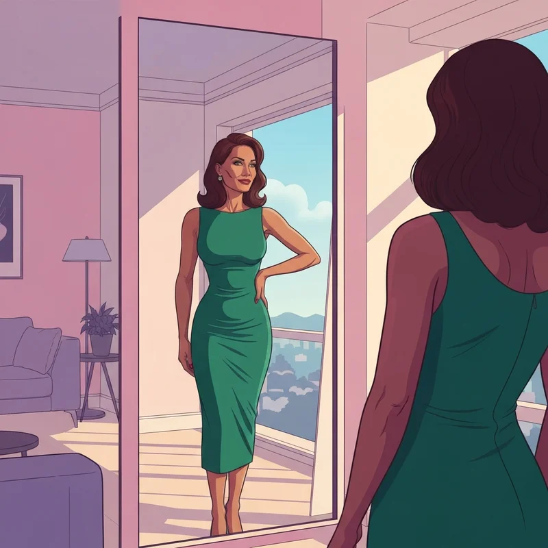 A woman showcasing an hourglass silhouette achieved with shapewear with butt pads in a luxurious setting.