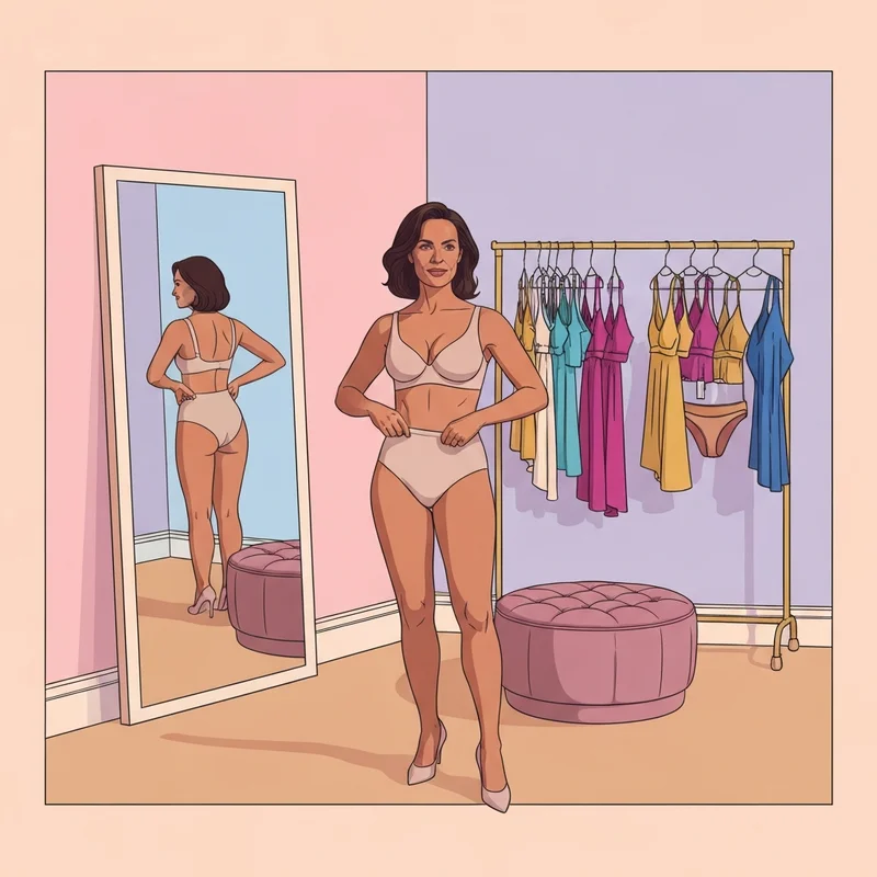 A woman demonstrating how to fit a bra correctly in a professional dressing room setting.