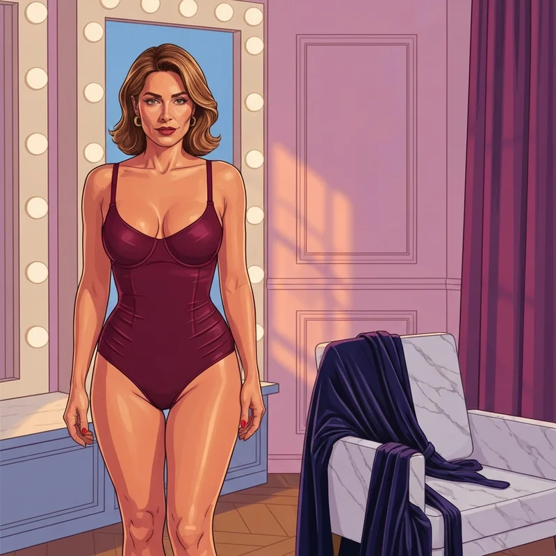A woman wearing a burgundy shapewear bodysuit in a luxury dressing room setting.