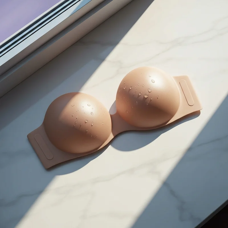 A clean silicone bra resting on marble, demonstrating how to make sticky bra sticky again through proper washing.