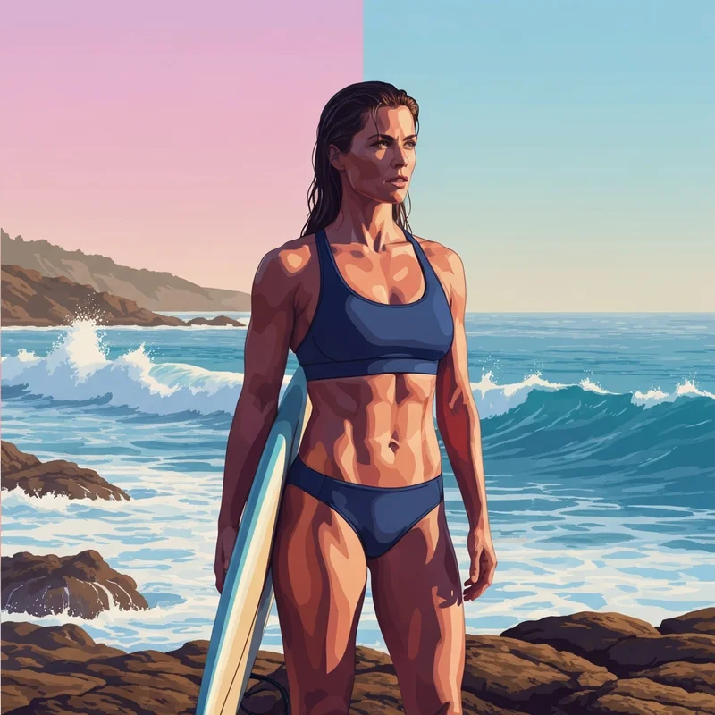 A powerful athlete standing on the coast wearing high-performance sports bra bathers for maximum support.