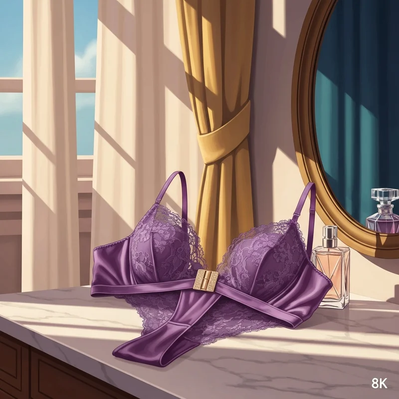 A luxurious lace front closure front hook bra displayed in a serene morning bedroom setting.