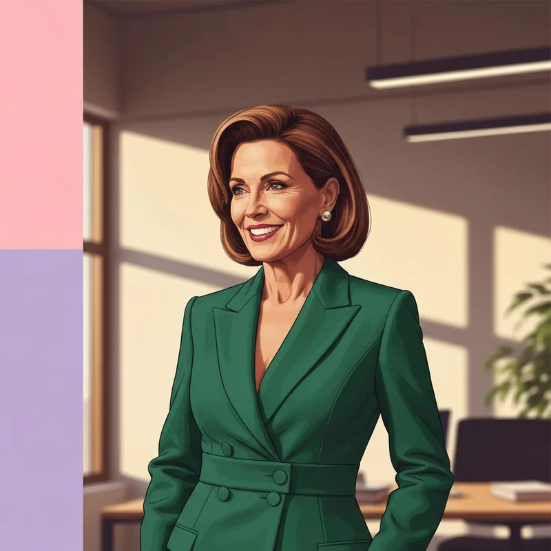 A woman standing with perfect posture in a supportive cup j bra under professional clothing.