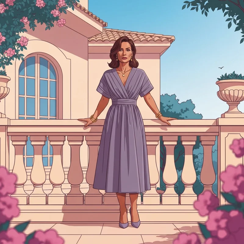 A woman wearing one of the most elegant mauve wedding guest dresses with gold accessories at a summer wedding.