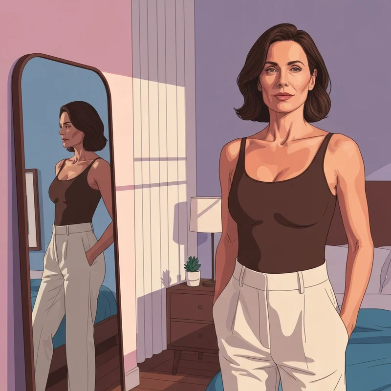 A confident woman wearing a stylish shapewear tank top as part of a professional outfit.