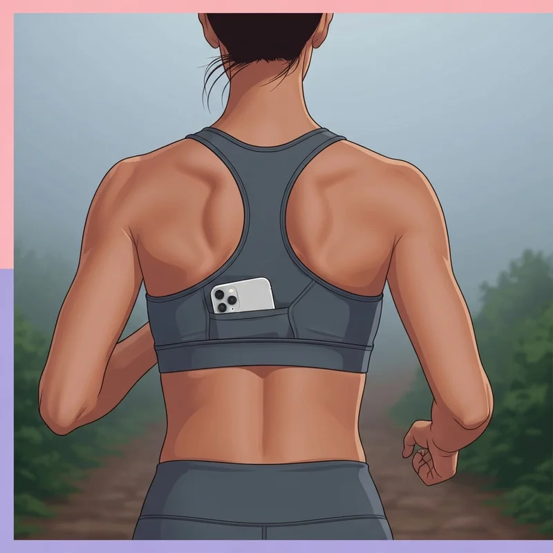 A female runner wearing a high-performance sports bra with phone pocket during a morning run.