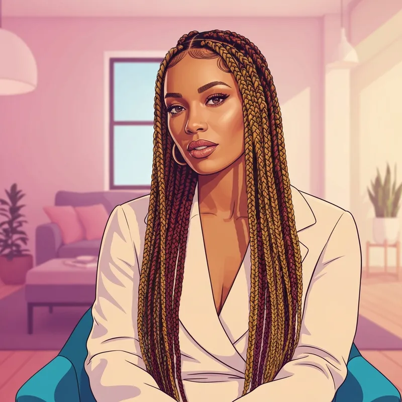 Close-up of a woman with perfectly blended braid hair extensions in honey blonde tones.