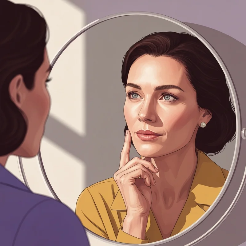 A woman considering her options for botox injections near me while looking in a mirror.