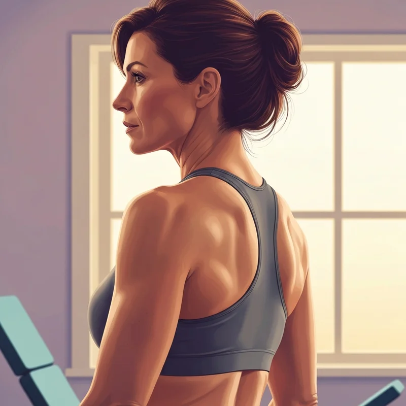 A woman demonstrating the results of consistent exercises for bra fat and proper posture in a modern gym setting.