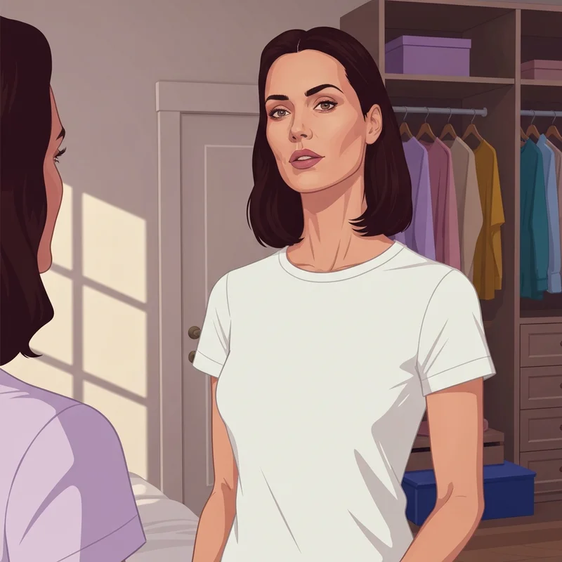 A young woman wearing a white t-shirt and wondering when to wear a white bra for a seamless look.