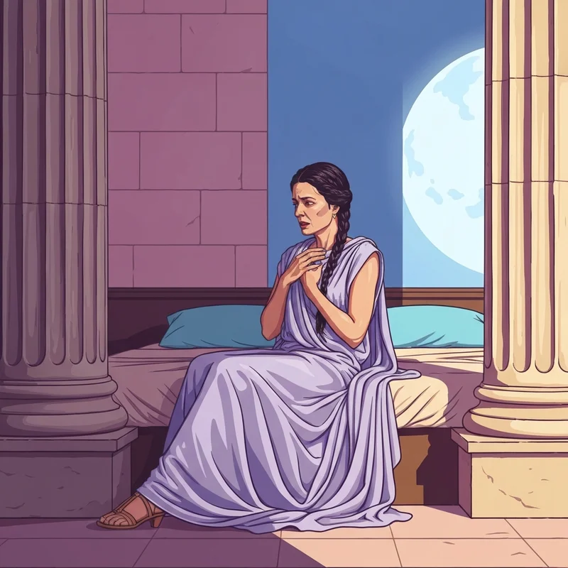 A cinematic depiction of Pontius Pilate's wife waking up from a prophetic dream in her Roman villa.