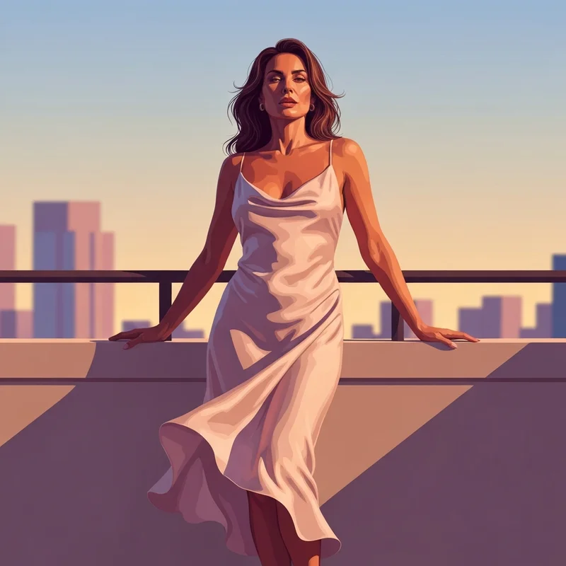 A woman embracing the no bra no panties lifestyle in a silk dress at sunset.