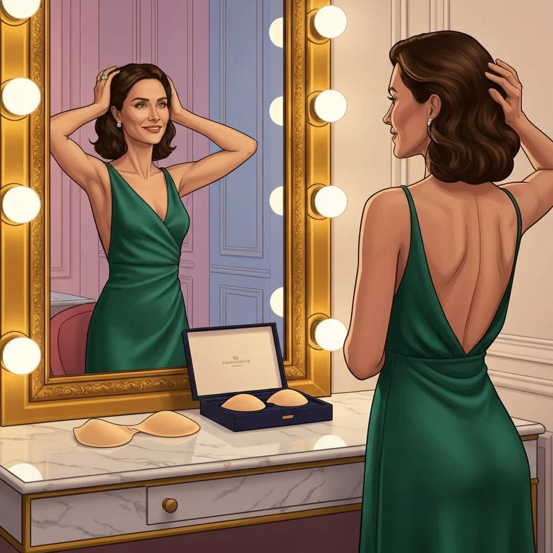 A confident woman wearing an emerald green backless dress, demonstrating the invisible perfection achieved with boomba bra inserts.