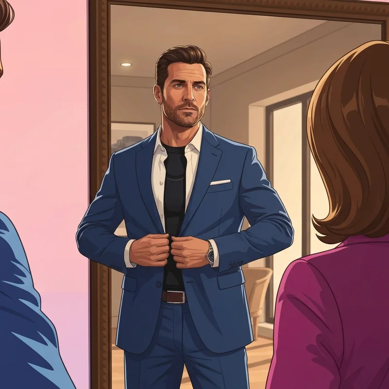 A confident man wearing shapewear male undershirt under a tailored suit for a professional glow-up.