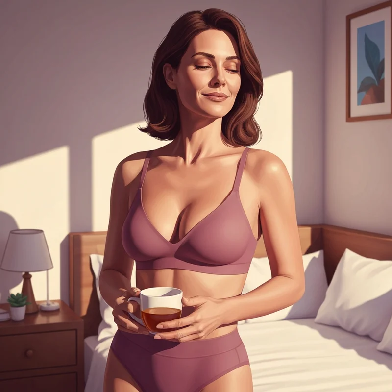 A woman experiencing the comfort of a barely there bra in a peaceful home setting.