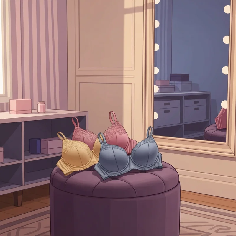 Three elegant bras in champagne and rose colors displayed on a velvet ottoman, representing the 50c bra size equivalent for mature women.