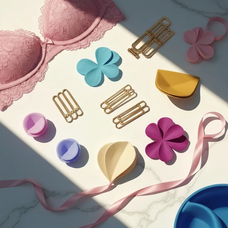 Luxurious flat lay of essential bra accessories including clips and extenders on marble.