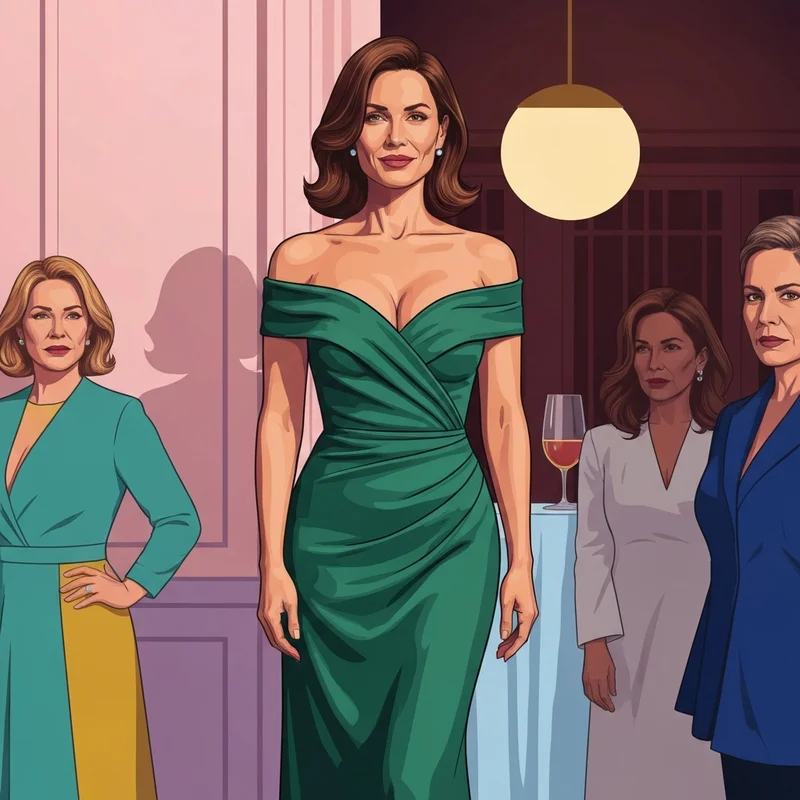 A woman wearing a strapless bra under a high-fashion gown, looking confident and secure.