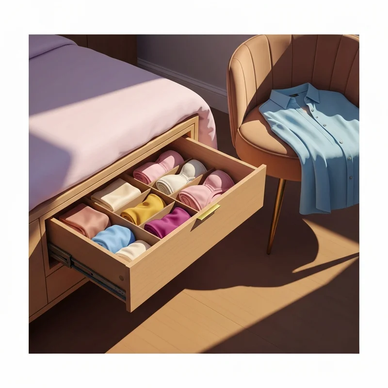 A neatly organized drawer featuring a matching bra or panty set in neutral tones for a confident morning routine.