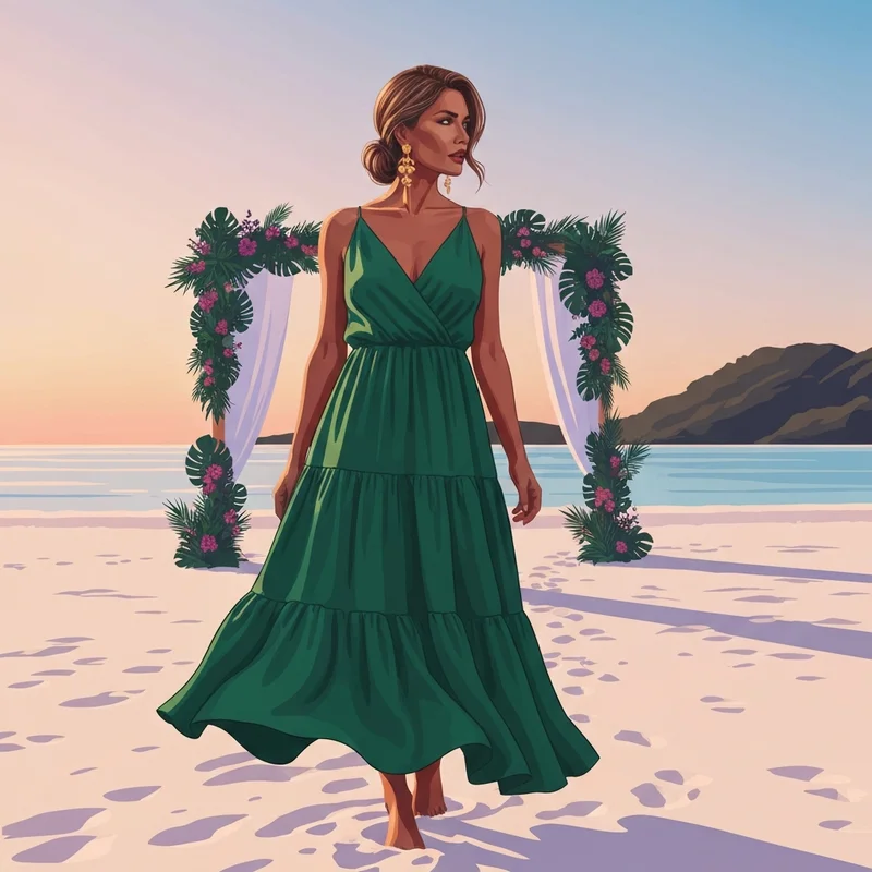 A woman wearing one of the best island wedding guest dresses for a tropical beach ceremony.