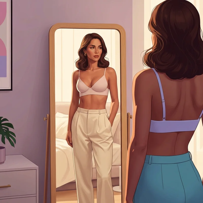 A young woman admiring her silhouette in a perfectly fitting bra cup size 32b.