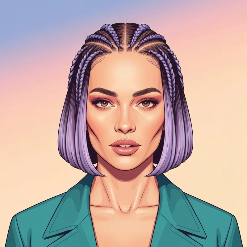 Close-up of a stylish young woman showcasing various short braided hairstyles in a professional studio setting.