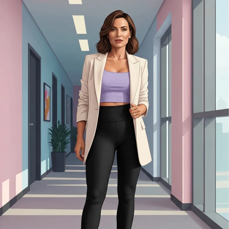 A woman wearing high-quality shapewear leggings for a professional and confident office look.