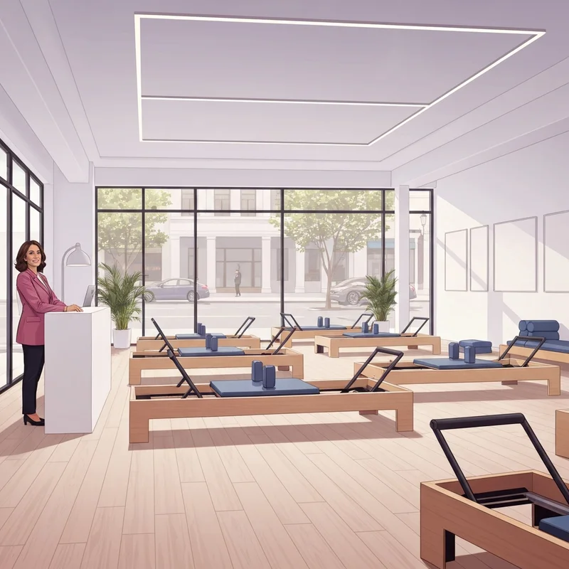 A successful woman standing in her high-end Club Pilates franchise studio, reflecting a luxury boutique fitness investment.
