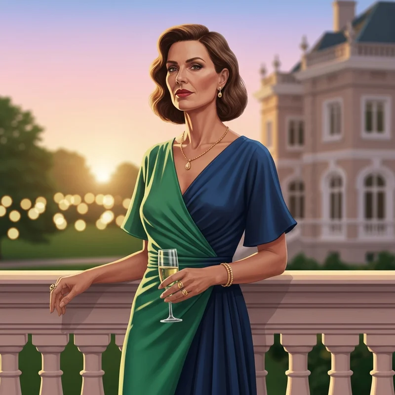 A woman wearing a sophisticated green and blue wedding guest dress at a luxury manor reception.