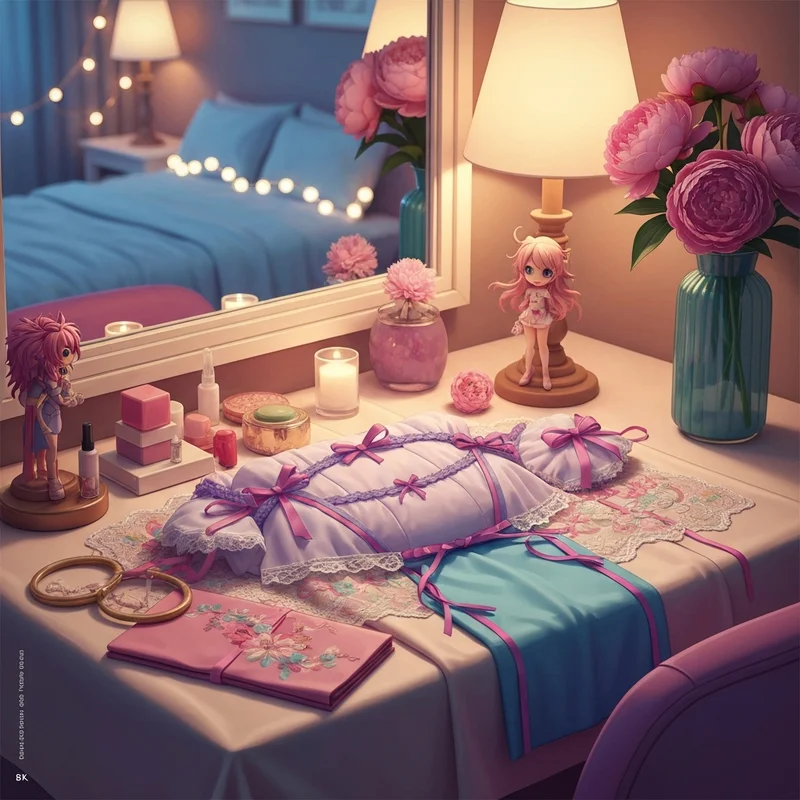 A high-quality, aesthetic display of a lace-detailed japanese bra on a silk surface with soft-core bedroom decor.