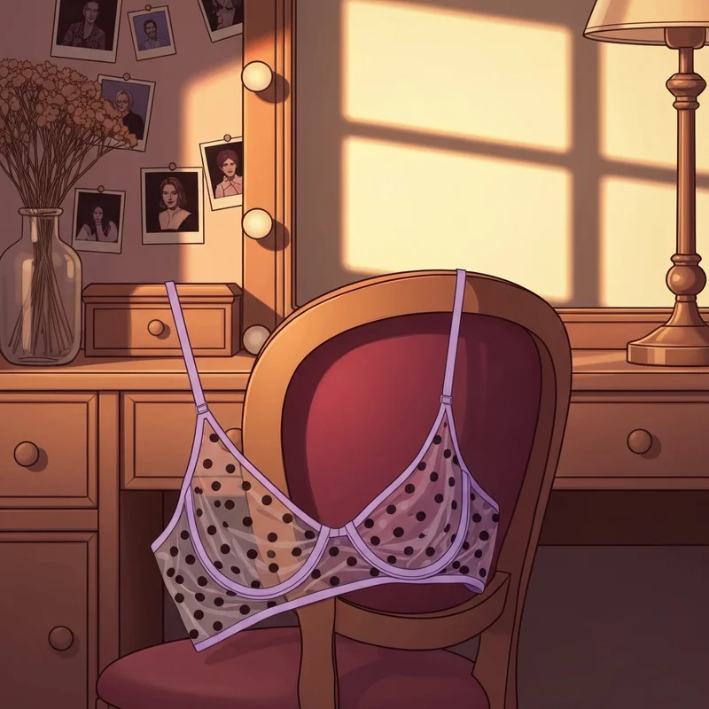 A vintage-inspired sheer polka dot bra with lace trim sitting on an aesthetic vanity.