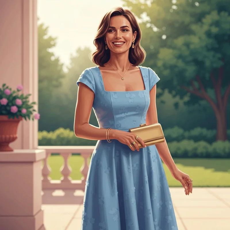 A woman wearing a stylish light blue midi wedding guest dress in a garden setting