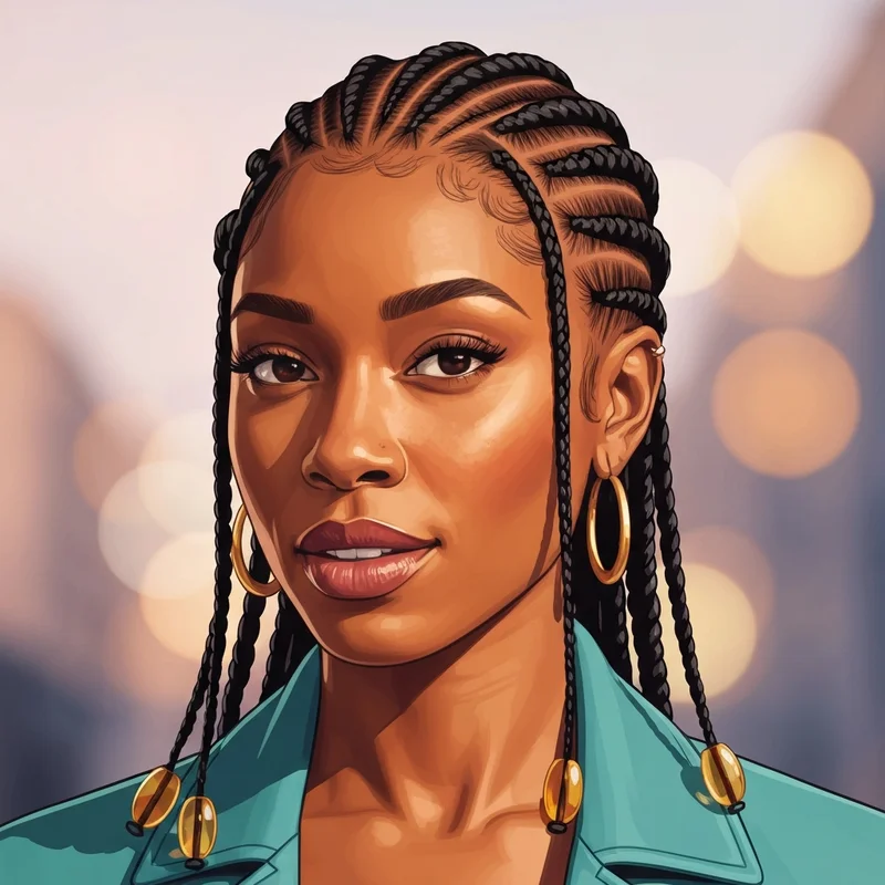 A woman showcasing intricate tribal braid styles with traditional beads and gold cuffs.