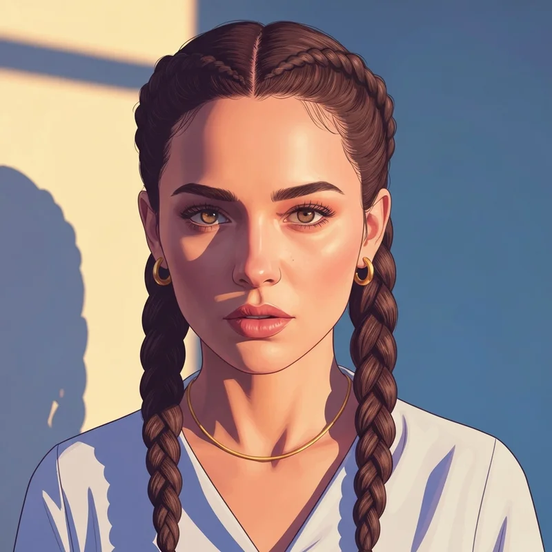 A young woman showcasing modern two braid styles with a clean center part and gold accessories.