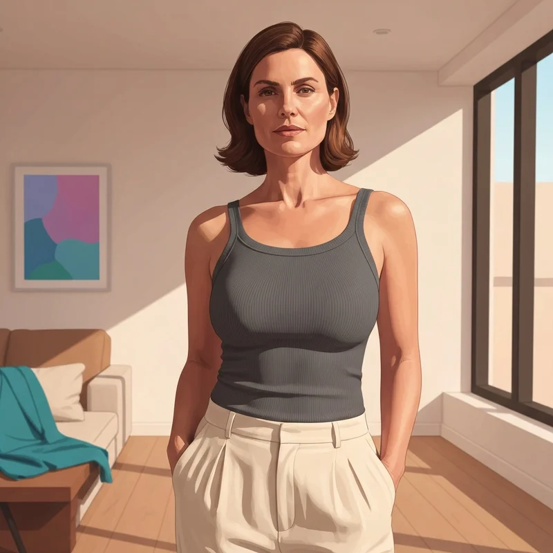 A woman wearing a stylish shelf bra tank top and linen trousers in a bright room.