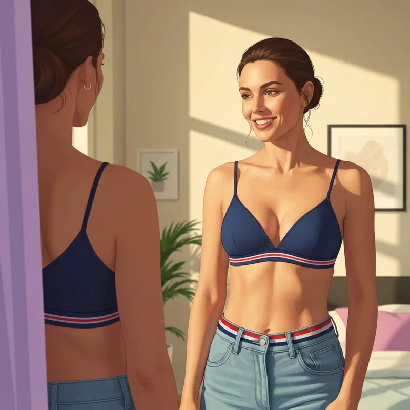 A young woman wearing an iconic tommy hilfiger bra as part of a clean girl aesthetic outfit